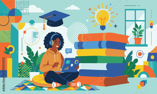 Colorful illustration of children learning with books and educational elements in a fun environment.