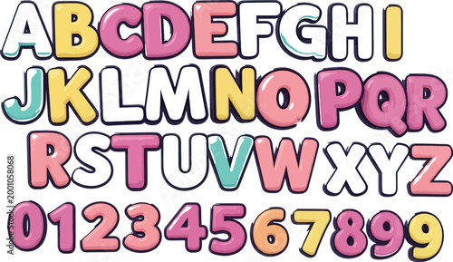 colorful alphabet letters and numbers with playful design