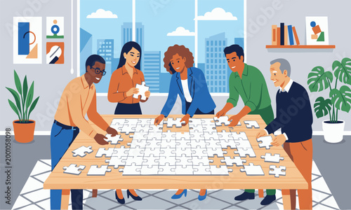 Illustration of a team working together, discussing ideas, and collaborating on a project.