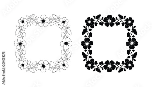 Square floral frame vector illustration featuring blooming flowers and intertwined foliage for elegant photo borders and stationery layouts