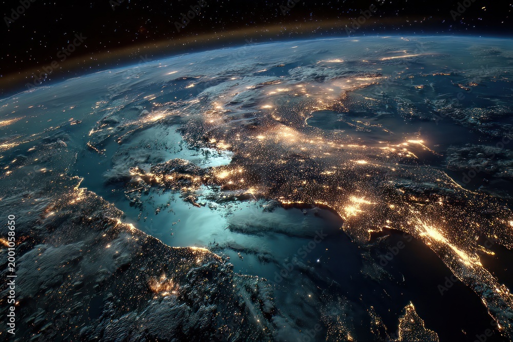 Fototapeta premium Nighttime Earth from Space: Glowing Urban Lights