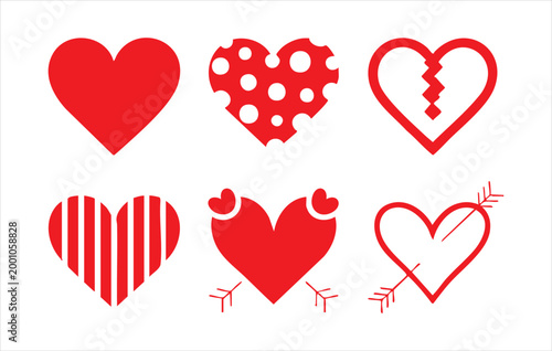 Vibrant red heart icons including solid, patterned, broken, and with arrow designs.