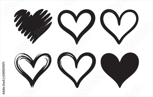 Abstract black heart shapes collection, hand drawn scribble and outline styles.
