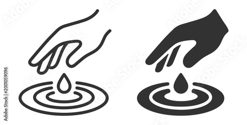 hand dropping water droplet with ripple effect icon set line and solid style on transparent background