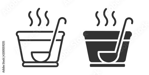 Soup bowl icon set with ladle and steam cooking food illustration on transparent background