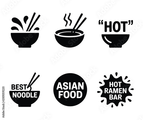 Asian food logo collection, vector design set featuring noodle bowl, wok, ramen bar, and hot food icons for restaurant branding, menu design, culinary identity, and food business templates