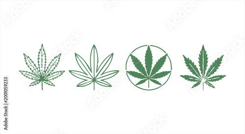 Set of cannabis leaves, various styles including outline, solid, and framed, marijuana plant.