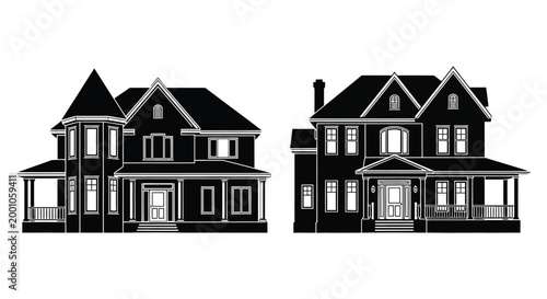 Victorian house silhouettes detailed black and white architectural renderings of two homes