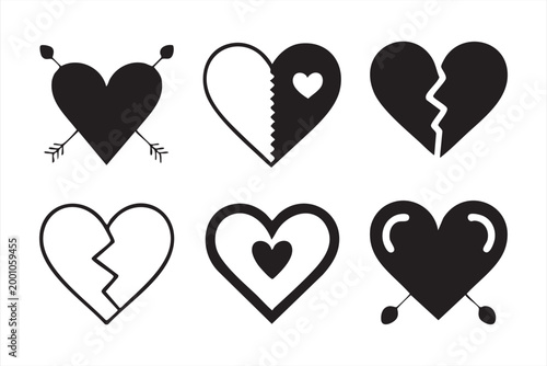 Black heart shapes collection featuring broken hearts and Cupid arrows for romantic creative themes.