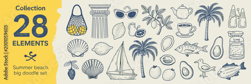 Collection of 28 summer beach doodle palm trees, seashells, fruit, sailboat, and more