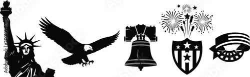 Patriotic american symbols and holiday elements vector illustration set for independence day.