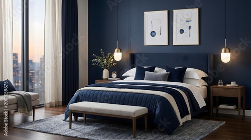 Luxurious bedroom with dark blue walls soft lighting city view home decor pendant lights ambient real estate master bedroom guest room