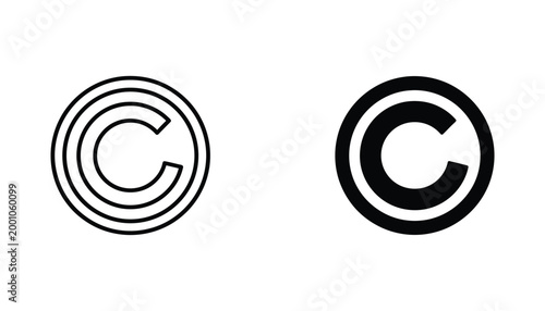 Copyright symbol in triple circle frame vector icon set in outline and solid black for intellectual property and legal branding