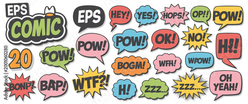 Collection of comic book style speech bubbles with onomatopoeia and exclamations pop onomatopoeia sound effect
