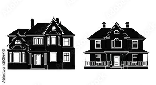 Elegant victorian houses silhouette a detailed black and white architectural illustration