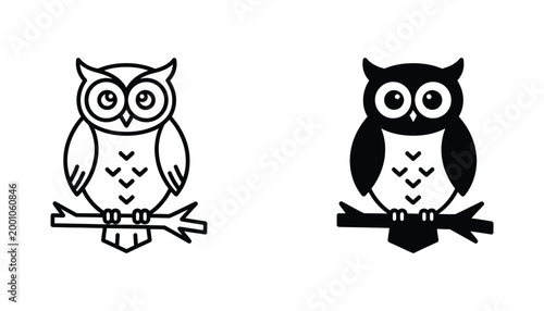 Wise owl perched on a branch vector icon set in outline and solid black for education and knowledge branding