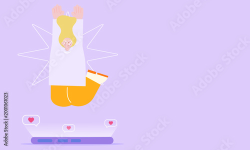 Flat illustration of woman upside down surrounded by social media notifications, concept of digital overload, stress and social media addiction.