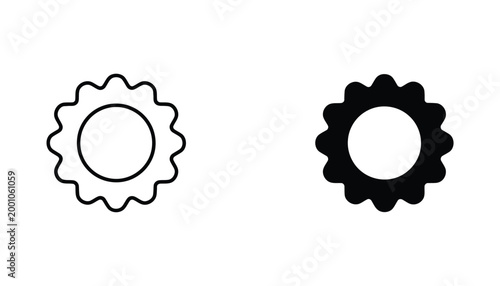Sunburst or gear shape badge vector icon set in outline and solid black for creative and industrial design elements