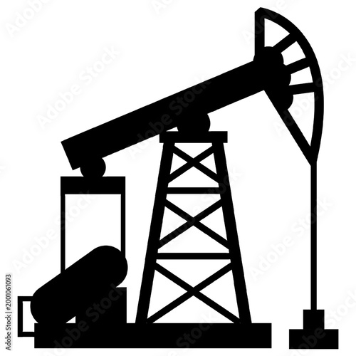 Black vector silhouette of oil pumpjack. Petroleum extraction nodding donkey rig icon isolated on white. Energy industry, global fuel crisis, embargo, supply shortage, market price economy
