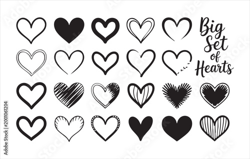 Big set of black hearts, collection of hand-drawn heart shapes and a love text message.