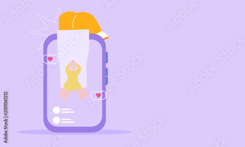Creative flat illustration of woman upside down, symbolizing burnout, overload and emotional instability in digital lifestyle.