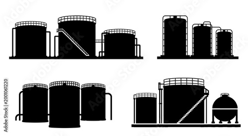 Industrial storage tanks set, oil refinery silos, cylindrical containers black silhouette isolated on transparent background. Fuel tanks with pipelines, ladder access icons. Minimal flat illustrations