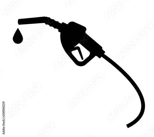 Vector silhouette fuel pump nozzle with hose isolated on white. Black gas station dispenser icon with oil drop. Petroleum industry, auto refueling, gasoline price economy, energy market supply concept