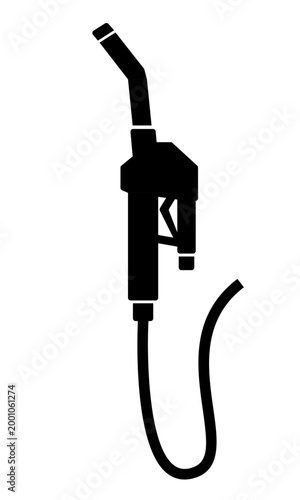 Fuel pump nozzle vector silhouette with hose and handle in minimalist black design isolated on white background for petroleum, gasoline, energy, and transportation industry graphics.