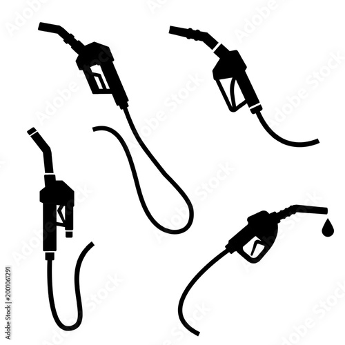 Vector silhouette set of gas pump nozzles isolated on transparent background. Fueling pistols, hoses black flat icons. Auto refueling, petroleum industry, gasoline prices, global energy market supply