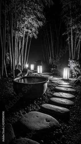Illuminated zen garden at night featuring bamboo grove and water basin
