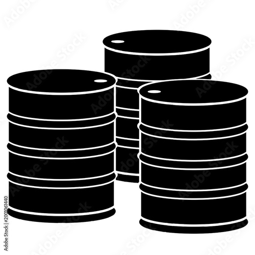 Three black oil barrels with white space representing petroleum, energy, and industrial commodity trading or storage. Oil storage containers isolated on transparent background.
