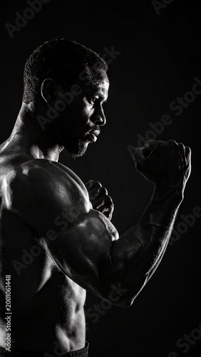Dramatic monochrome portrait of a strong man in boxing stance, black background