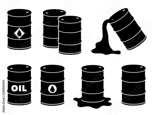 Oil barrel silhouette set isolated on white. Leaking drums, petroleum spill, stacked storage containers. Icons for fossil fuel industry, global energy crisis, fuel embargo, sanctions, commodity trade