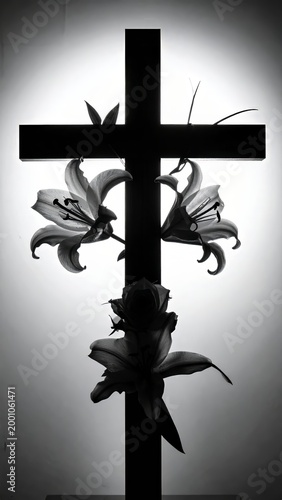 Striking contrast of a floral cross silhouette against a bright light backdrop