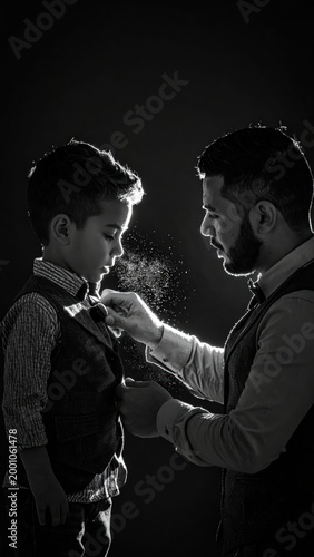 A tender monochrome moment: Father carefully brushes dirt off son's clothing