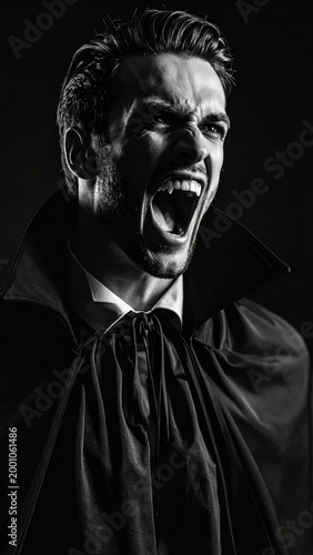 Dramatic Black and White Portrait of a Vampire with Fangs and Dramatic Expression