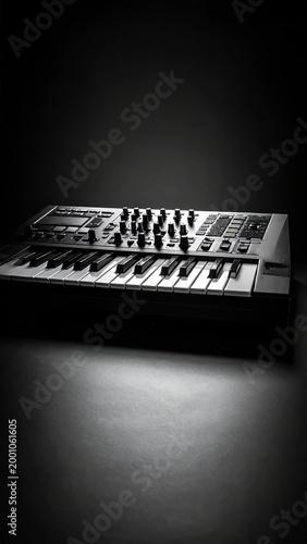 Monochromatic musicality: A sleek MIDI keyboard emerges from a pool of shadows