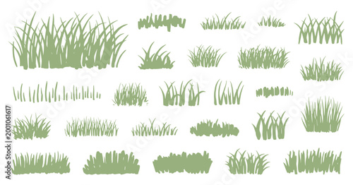 Collection of hand-drawn green grass clumps and blades on white background, blades of grass nature