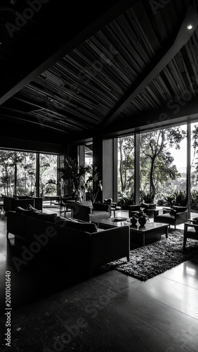 Serene hotel lobby with nature-inspired design and modern minimalist silhouette