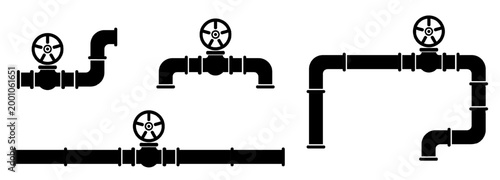 Fotografía Set of black vector silhouettes of industrial oil pipes, valves with wheels, and flange joints isolated on white