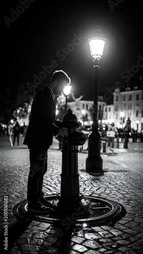 Monochromatic allure: Man interacting with a fire hydrant under street lamp