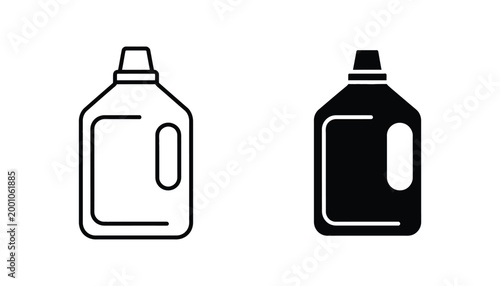 Plastic detergent bottle vector icon set in outline and solid black for cleaning and household product branding