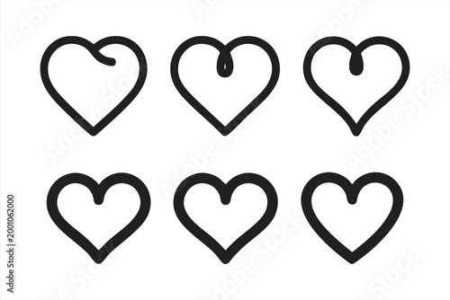 Set of six simple black heart outlines, hand-drawn style illustrations of love symbols.