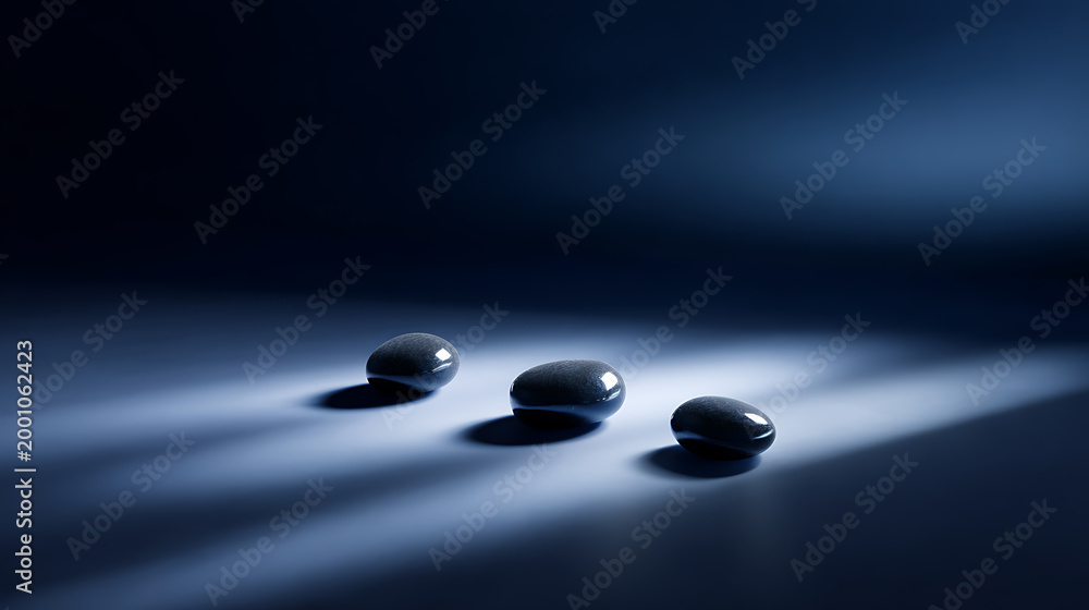 Three dark, shiny objects cast long shadows in a blue-lit, minimalist setting, creating a mysterious and elegant abstract composition
