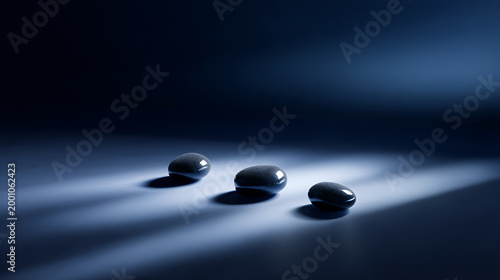 Three dark, shiny objects cast long shadows in a blue-lit, minimalist setting, creating a mysterious and elegant abstract composition