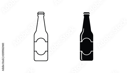 Beer bottle vector icon set isolated on white background featuring glass beverage container in both minimalist line art and solid black silhouette for bar menu or pub signage and drink branding