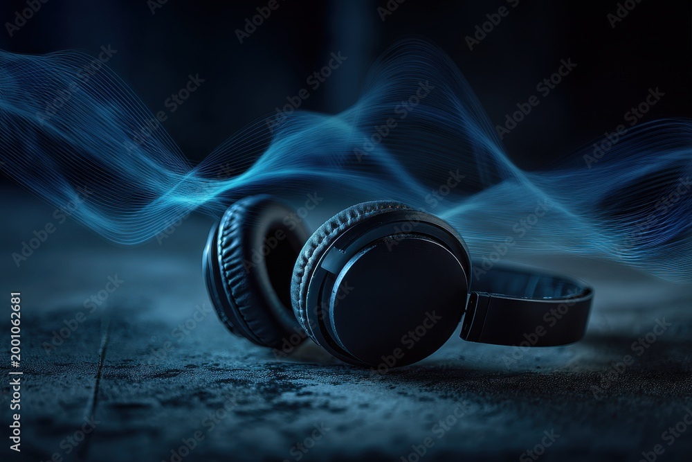 Fototapeta premium Matte black over-ear headphones with glowing sound waves in a modern studio setting