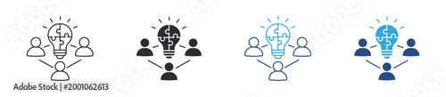 Team idea connection icon set. people linked with light bulb. collaboration, brainstorming and communication concept. vector illustration.