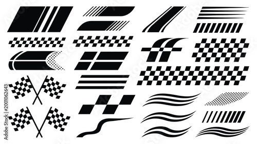 Racing stripes and checkered flags set, black and white vector collection of motorsport design elements for automotive graphics, speed branding, racing decals, and competitive sports visuals