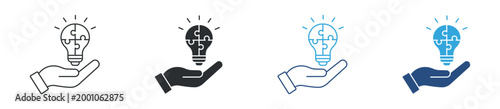 Idea in hand icon set. light bulb with puzzle in palm. innovation support and creative solution concept. vector illustration.